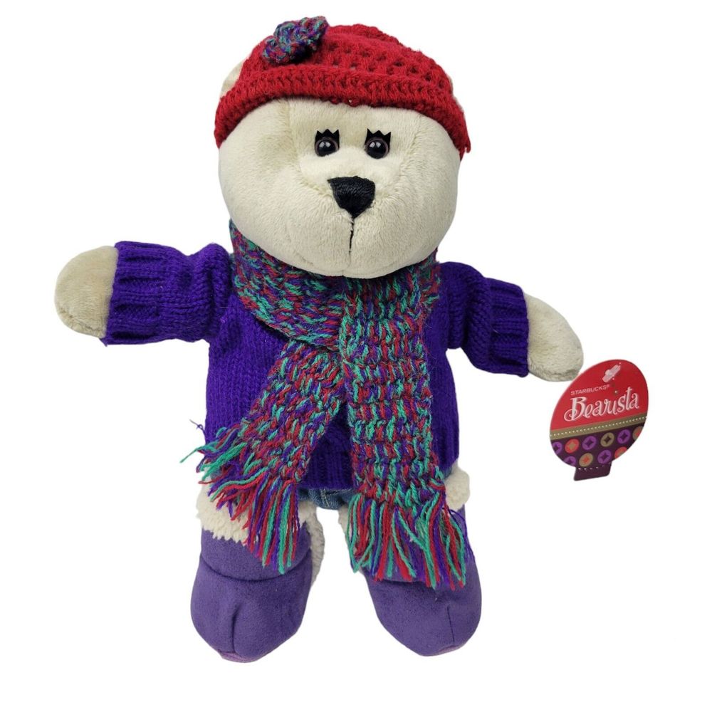 Starbucks Bearista Stuff Bear Plush Purple Red Hat Scarf Winter Holiday 2006 Tag